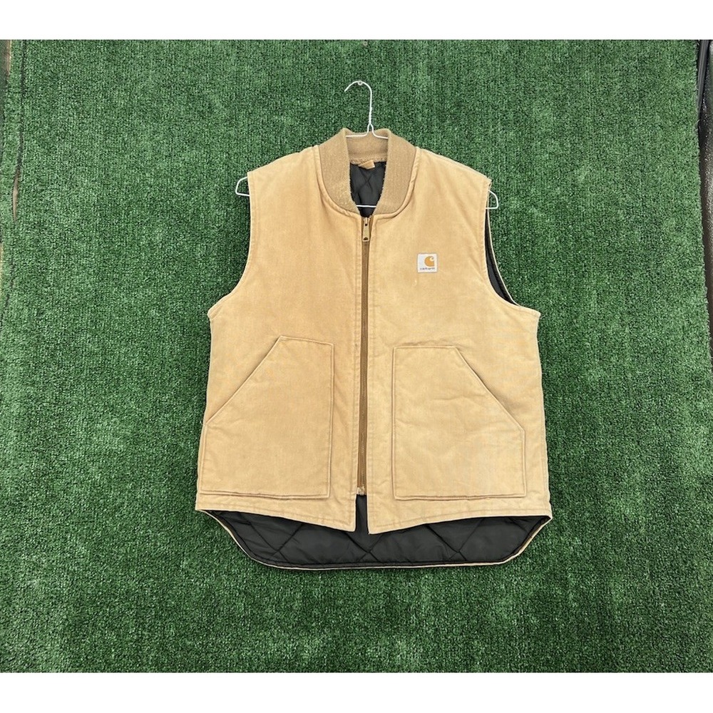Carhartt Duck Vest Mens Large Tan Quilted Lined USA Made Vtg V0186 Faded Work